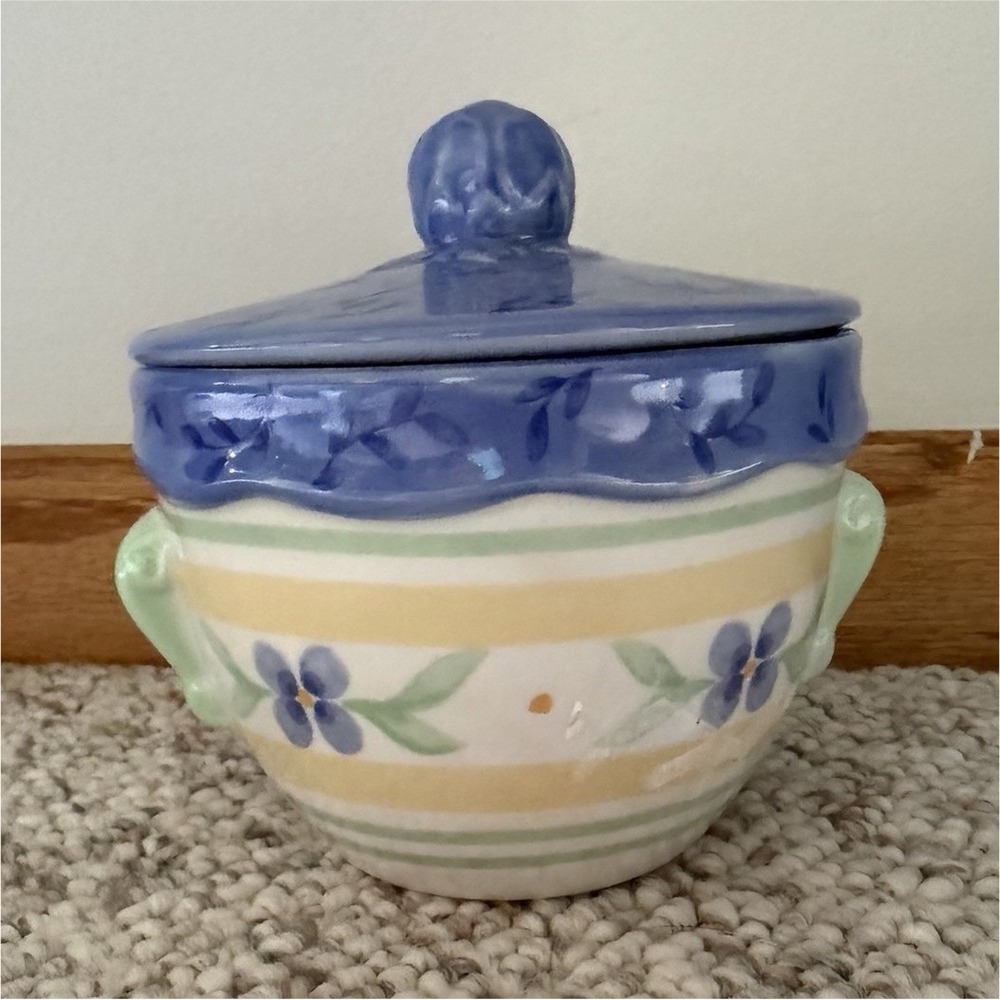Pfaltzgraff Lidded Ceramic Sugar Bowl, Blue/Green/Beige Floral Glossy